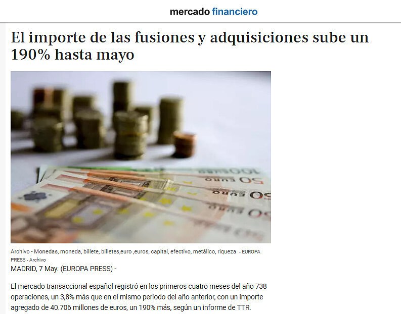 El importe de las fusiones y adquisiciones sube un 190% hasta mayo